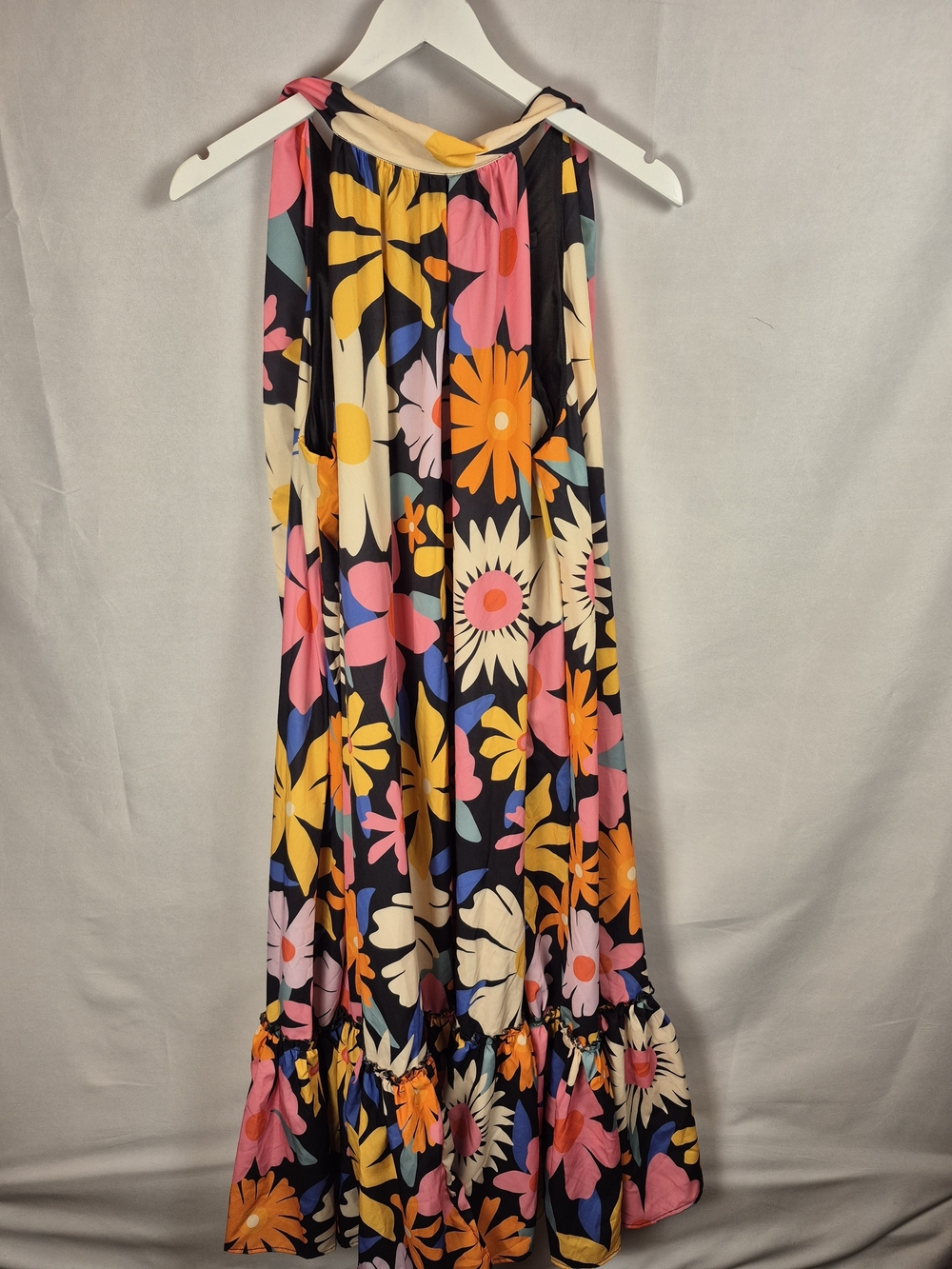 Floral Halter Maxi Dress in Black with Multicolor Blooms Size M